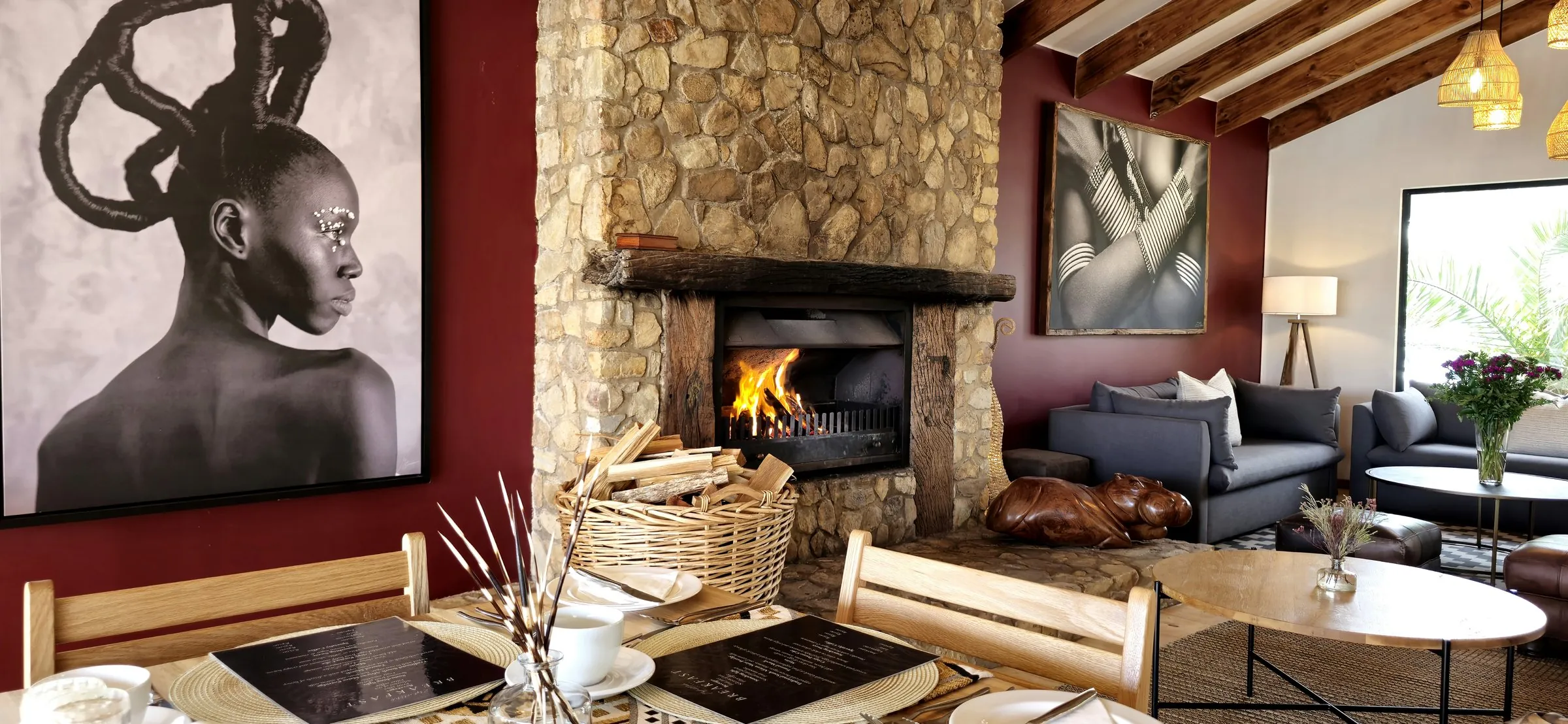 Breakfast beside the fire in the guest lounge