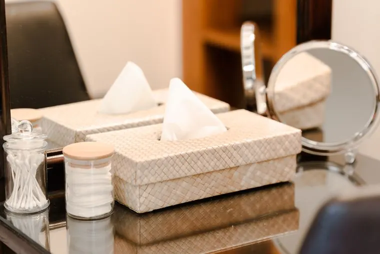 Tissues and a vanity mirror on the dressing table